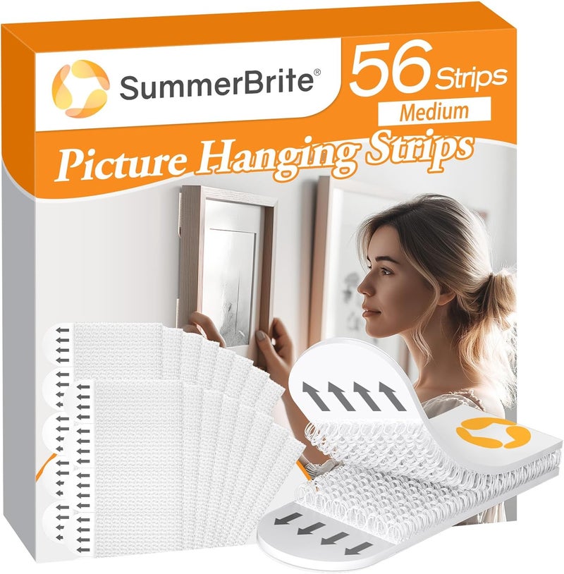 Summerbrite Picture Hanging Strips Heavy Duty 56 Strips Damage Free Wall Picture Hangers Without Nails, Removable Refill Adhesive Strips for Wall Posters Home Decor, Medium, White 28Pairs - Image 1